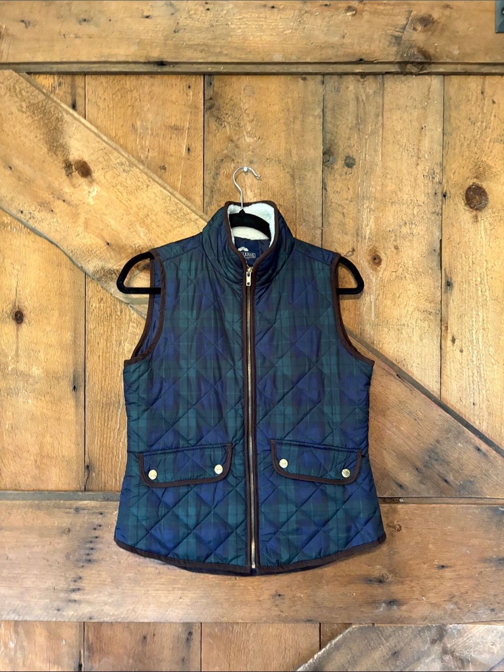 British Khaki Women's Quilted Plaid Vest in Navy & Green